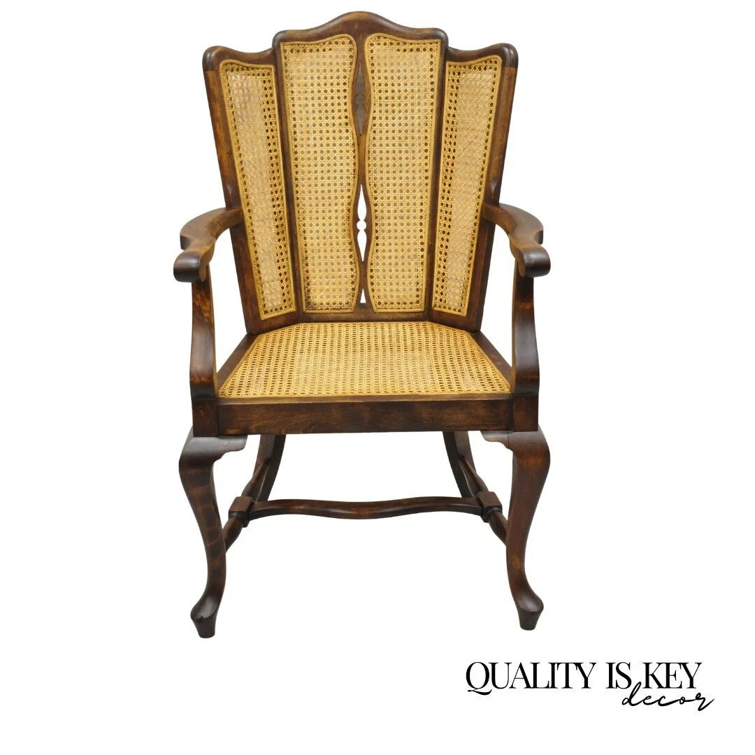 Antique Victorian Walnut and Cane Carved Lounge Arm Chair w/ Queen Anne Legs