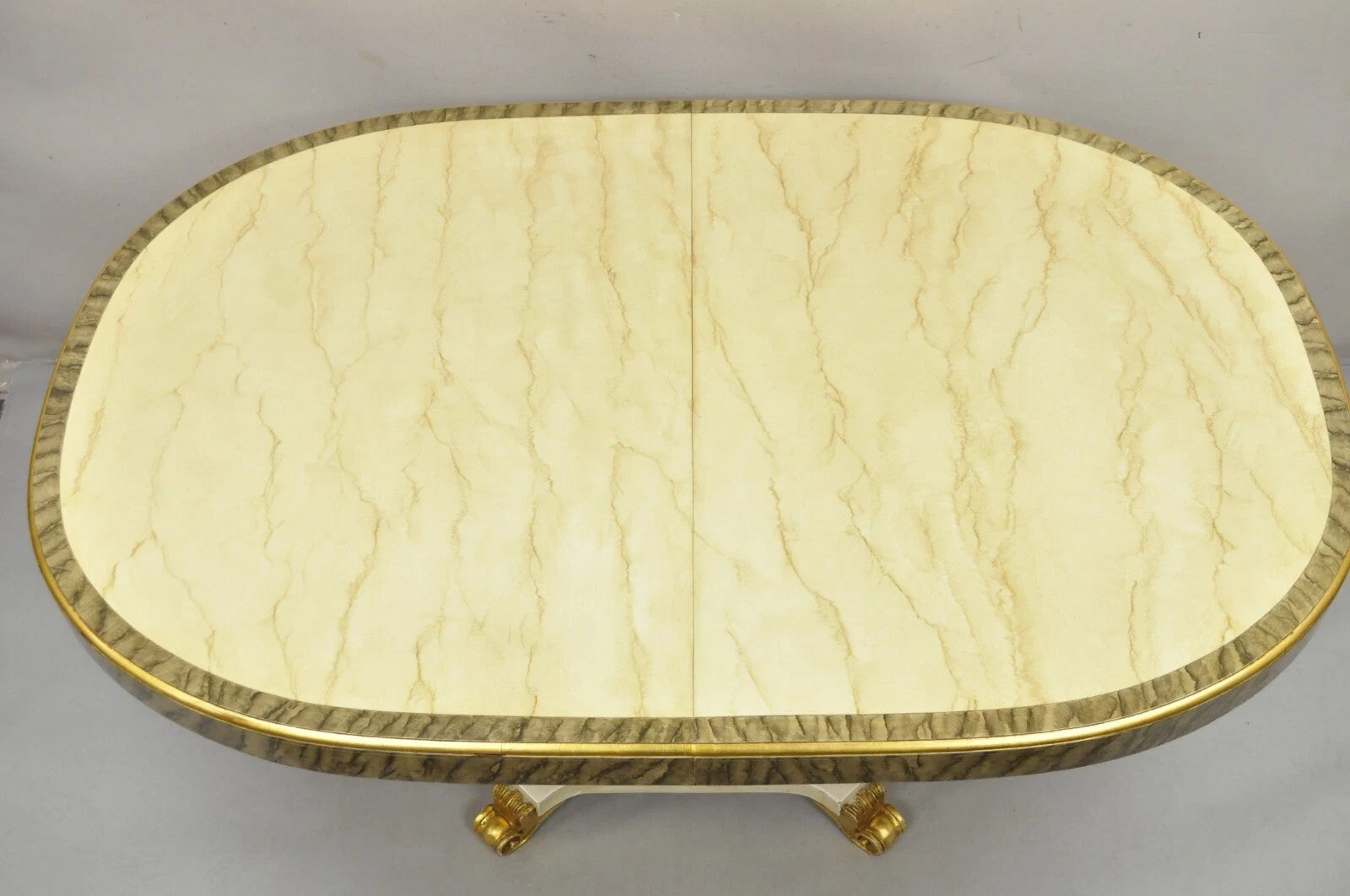Italian Regency Cream & Gold Gilt Lacquered Urn Pedestal Dining Table - 3 Leaves