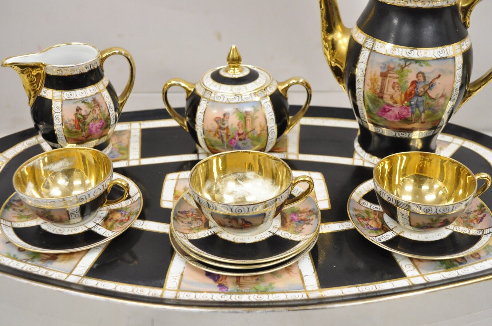 Royal Vienna Style Bohemia Czecho-Slovakia Black Porcelain Tea Set - 12 pcs