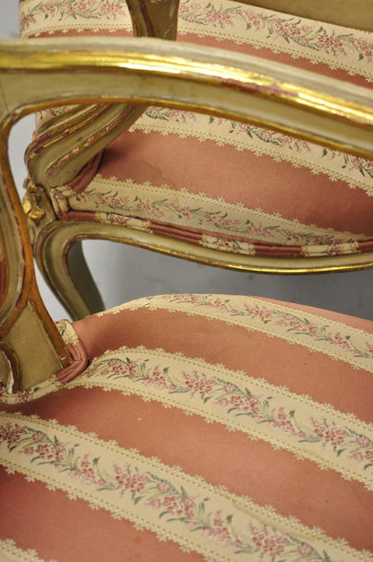 Antique French Louis XV Style Gold Giltwood Pink Stripe Fauteuil Arm Chair, Pair