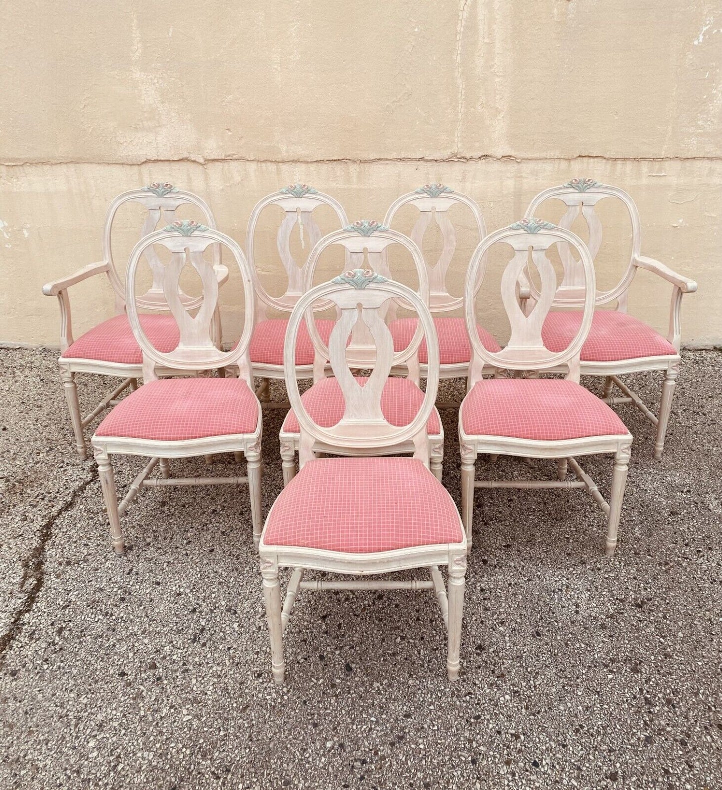 Vintage French Country Gustavian Cerused Pink Rose Dining Chairs - Set of 8