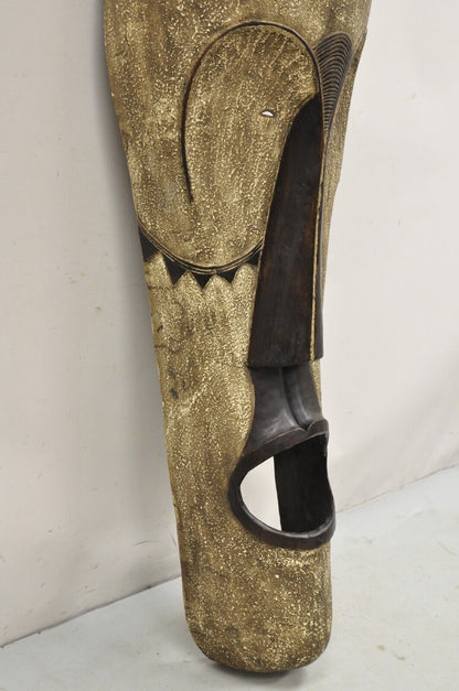 Large 80" Gabon African Carved Wood Elongated Fang Ngil Mask Sculpture Statue