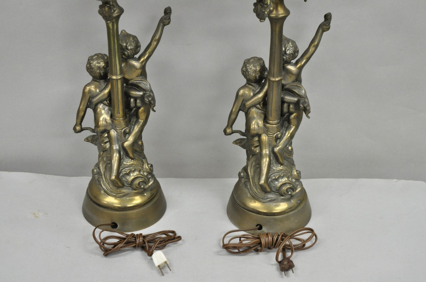 French Renaissance Figural Spelter Metal Cherub Candelabra Table Lamps - a Pair