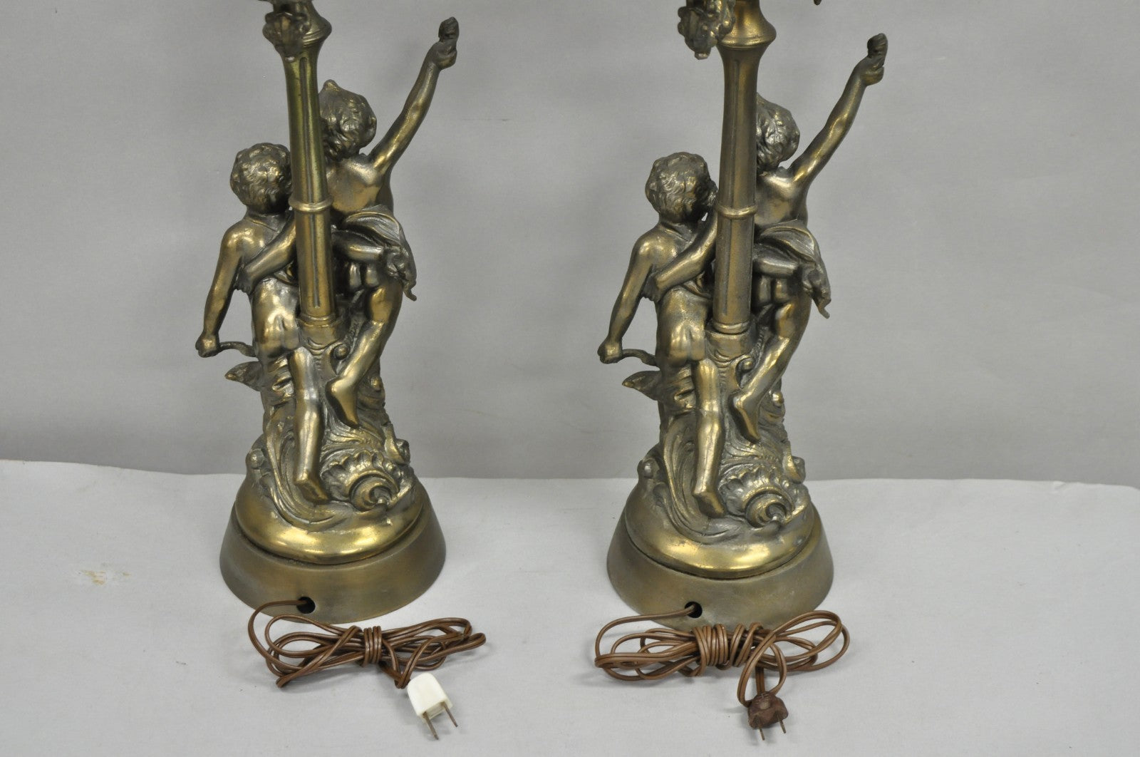 French Renaissance Figural Spelter Metal Cherub Candelabra Table Lamps - a Pair
