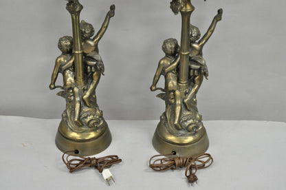 French Renaissance Figural Spelter Metal Cherub Candelabra Table Lamps - a Pair