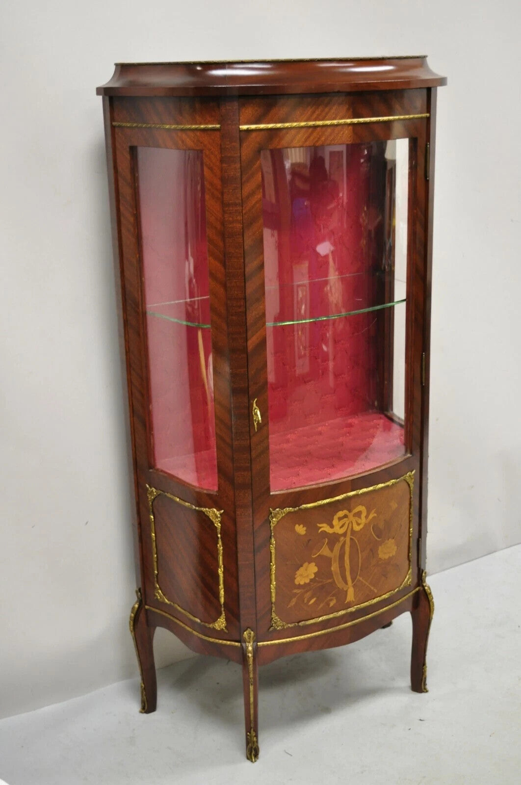 Vintage French Louis XV Style Small Bowed Glass Inlaid Curio Display Cabinet