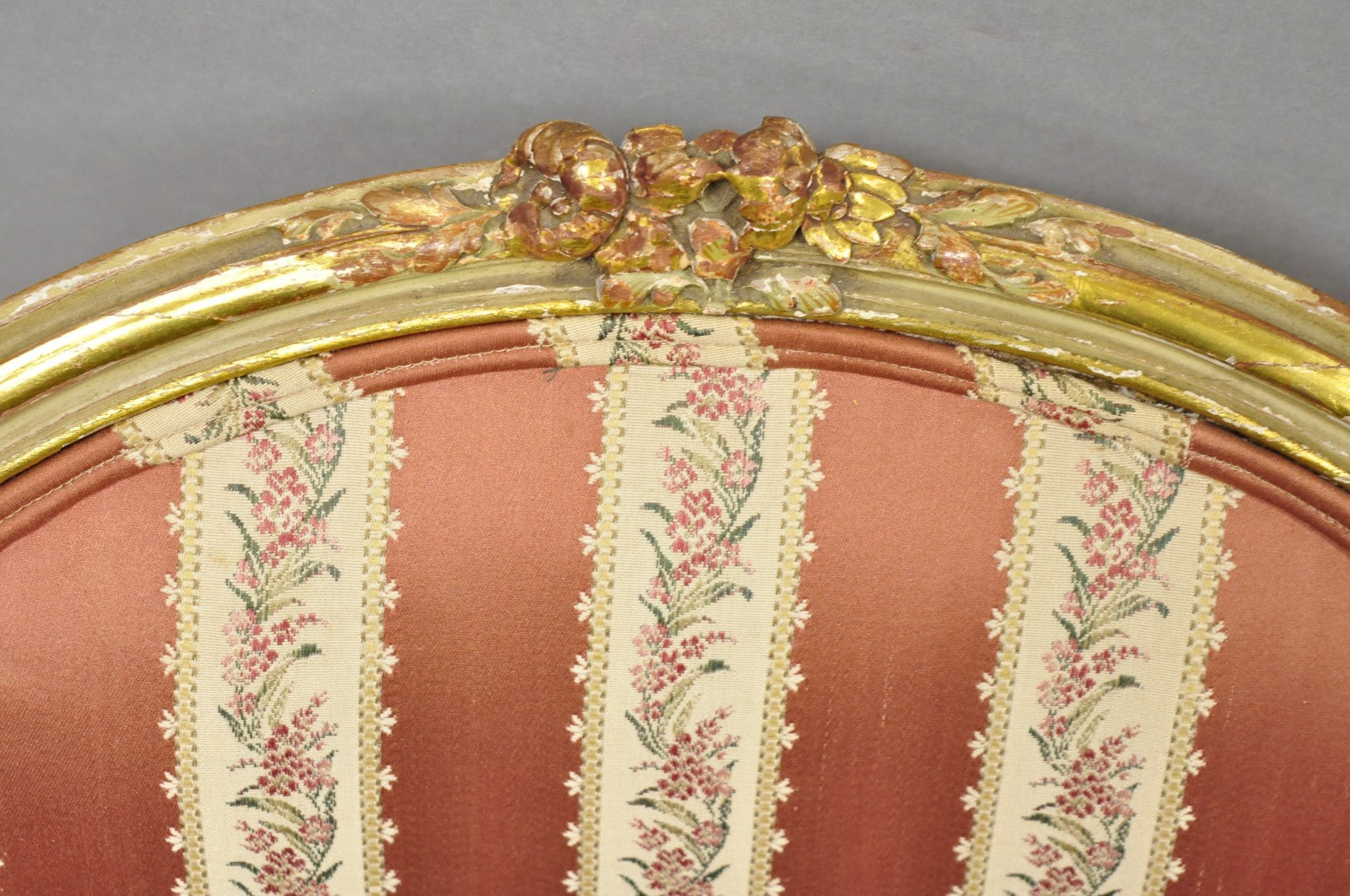 Antique French Louis XV Style Gold Giltwood Pink Stripe Fauteuil Arm Chair, Pair