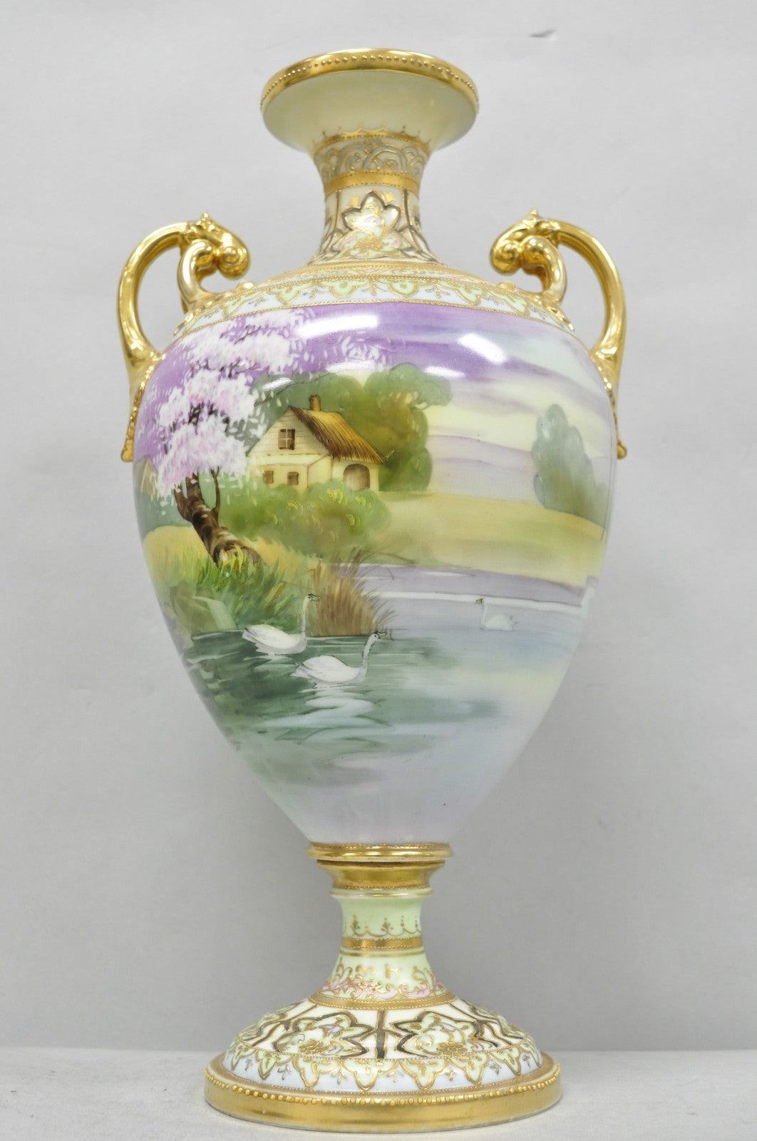 Antique Nippon Hand Painted Cottage Lake Porcelain Twin Handle Bolted Urn Vase