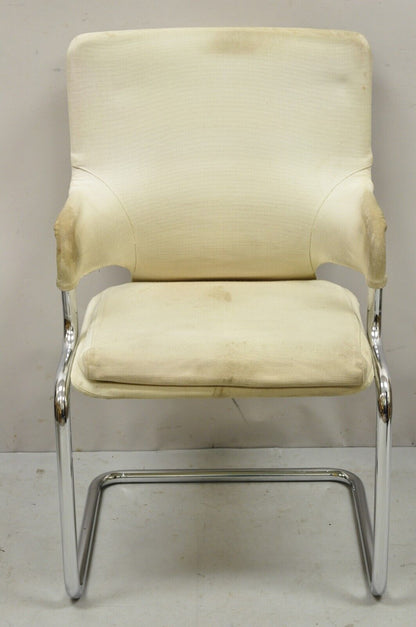 Vintage Mid Century Modern Tubular Chrome Arm Chair with Burlap Seat