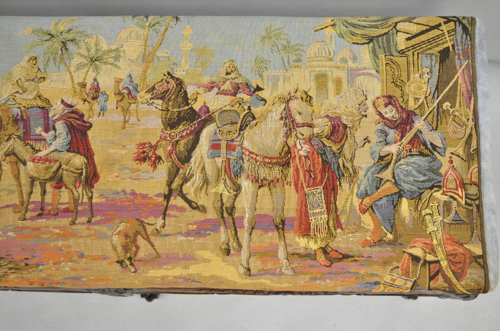 Vintage French Country Louis XV Style Walnut Bench w/ Arabian Market Tapestry