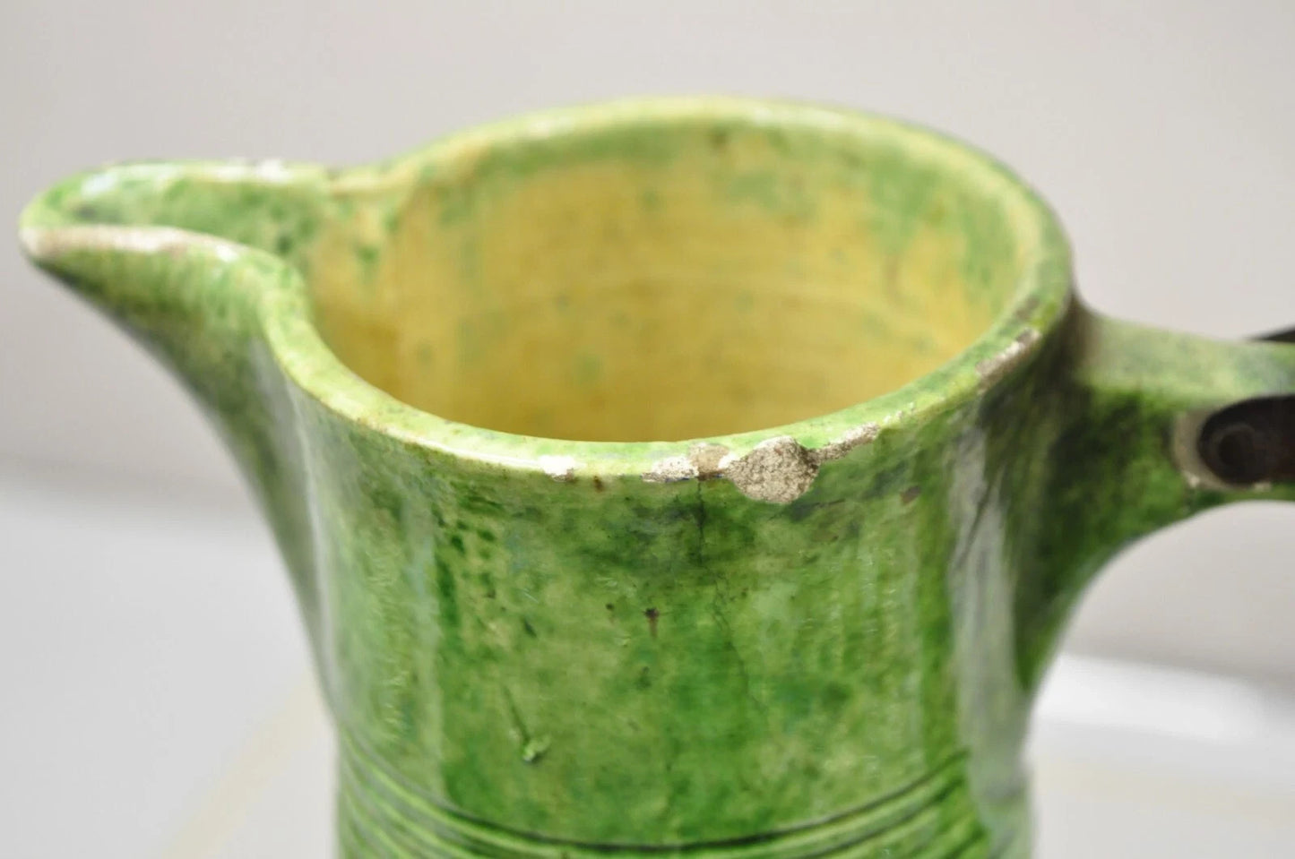 Antique Gothic Renaissance Green Ceramic Pitcher with Brass Soldier Armor Lid