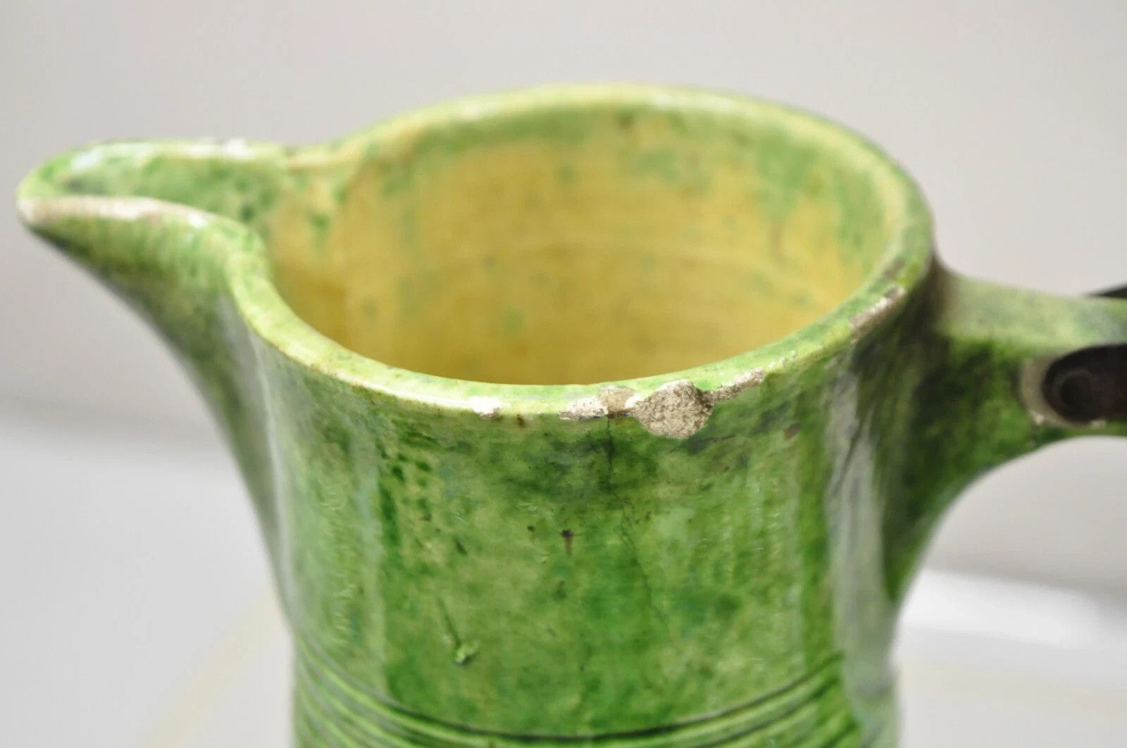 Antique Gothic Renaissance Green Ceramic Pitcher with Brass Soldier Armor Lid