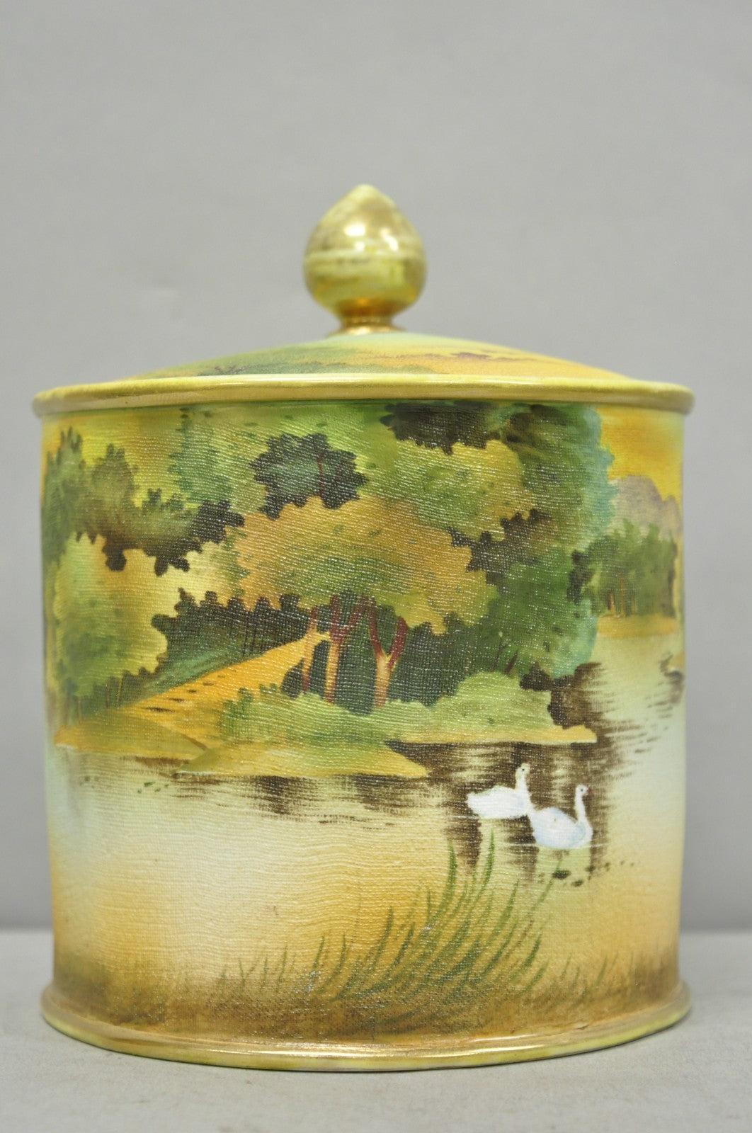 Antique Nippon Hand Painted Coralene Porcelain Lake Duck Scene Biscuit Jar