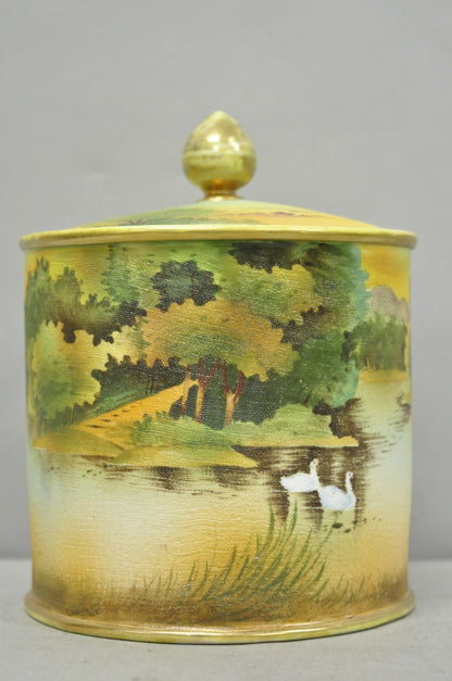 Antique Nippon Hand Painted Coralene Porcelain Lake Duck Scene Biscuit Jar
