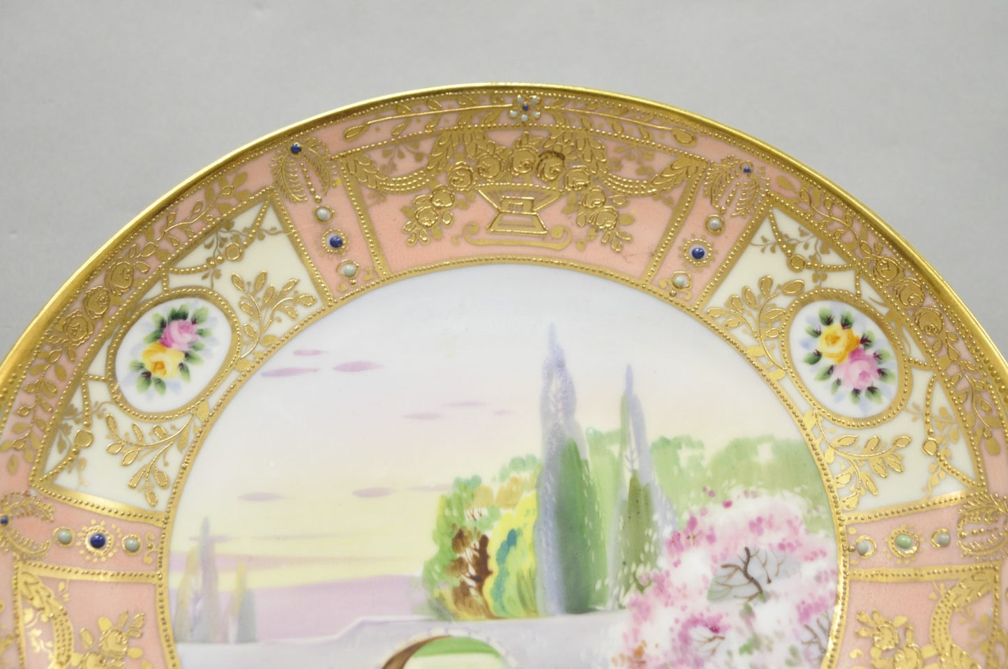Antique Nippon Hand Painted Porcelain Gold Gilt Swan & Lake Scene Cabinet Plate