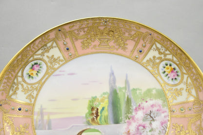 Antique Nippon Hand Painted Porcelain Gold Gilt Swan & Lake Scene Cabinet Plate