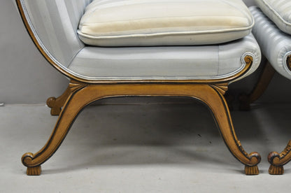 French Hollywood Regency Carved Walnut Rolled Back Slipper Lounge Chair - a Pair