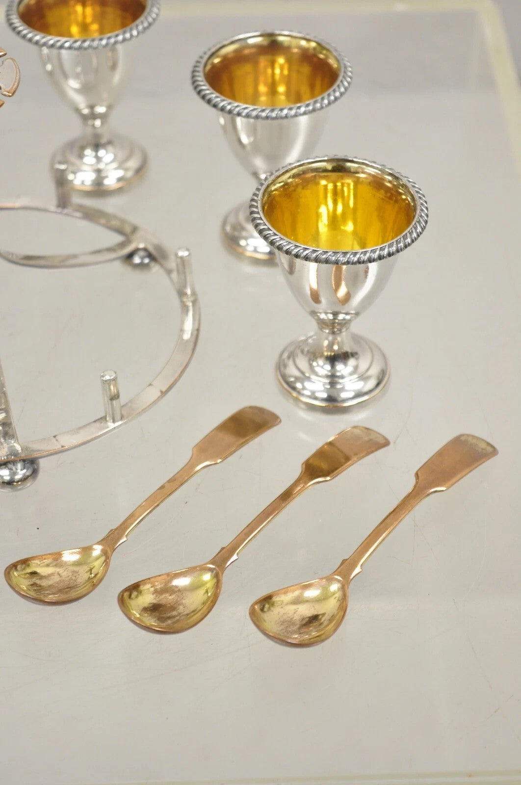 Antique English Victorian Silver Plated Egg Server w/ Spoon Set - Service for 6