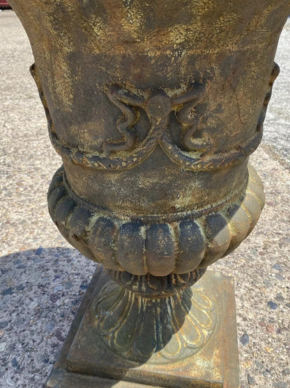 Vintage French Style Cast Iron 31"H Round Campana Urn Outdoor Garden Planter Pot