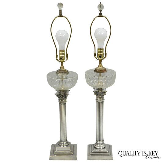French Empire English Silver Plated Corinthian Column Table Lamp - Near Pair