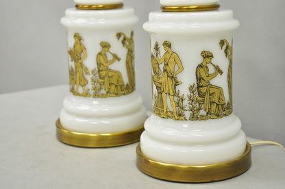 Vintage Italian Neoclassical White Milk Glass Empire Column Table Lamps - a Pair