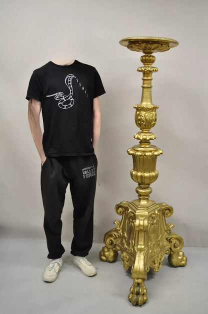 Large Antique 64" Caved Wood Gold Giltwood Empire Pedestal Candlestick Pricket
