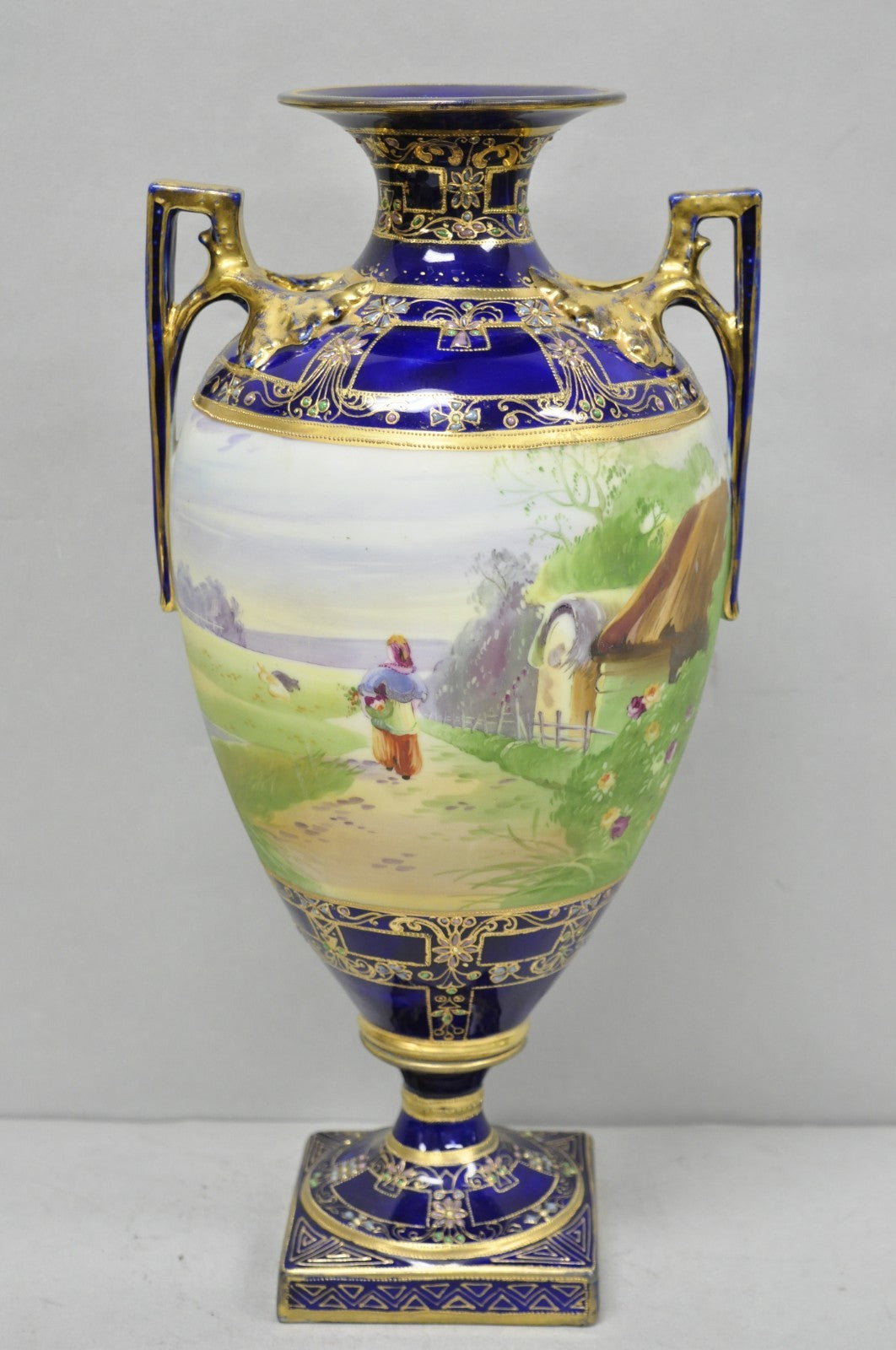 Antique Nippon Hand Painted Cobalt Blue Porcelain Twin Handle Bolted Urn Vase