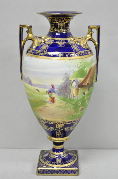 Antique Nippon Hand Painted Cobalt Blue Porcelain Twin Handle Bolted Urn Vase