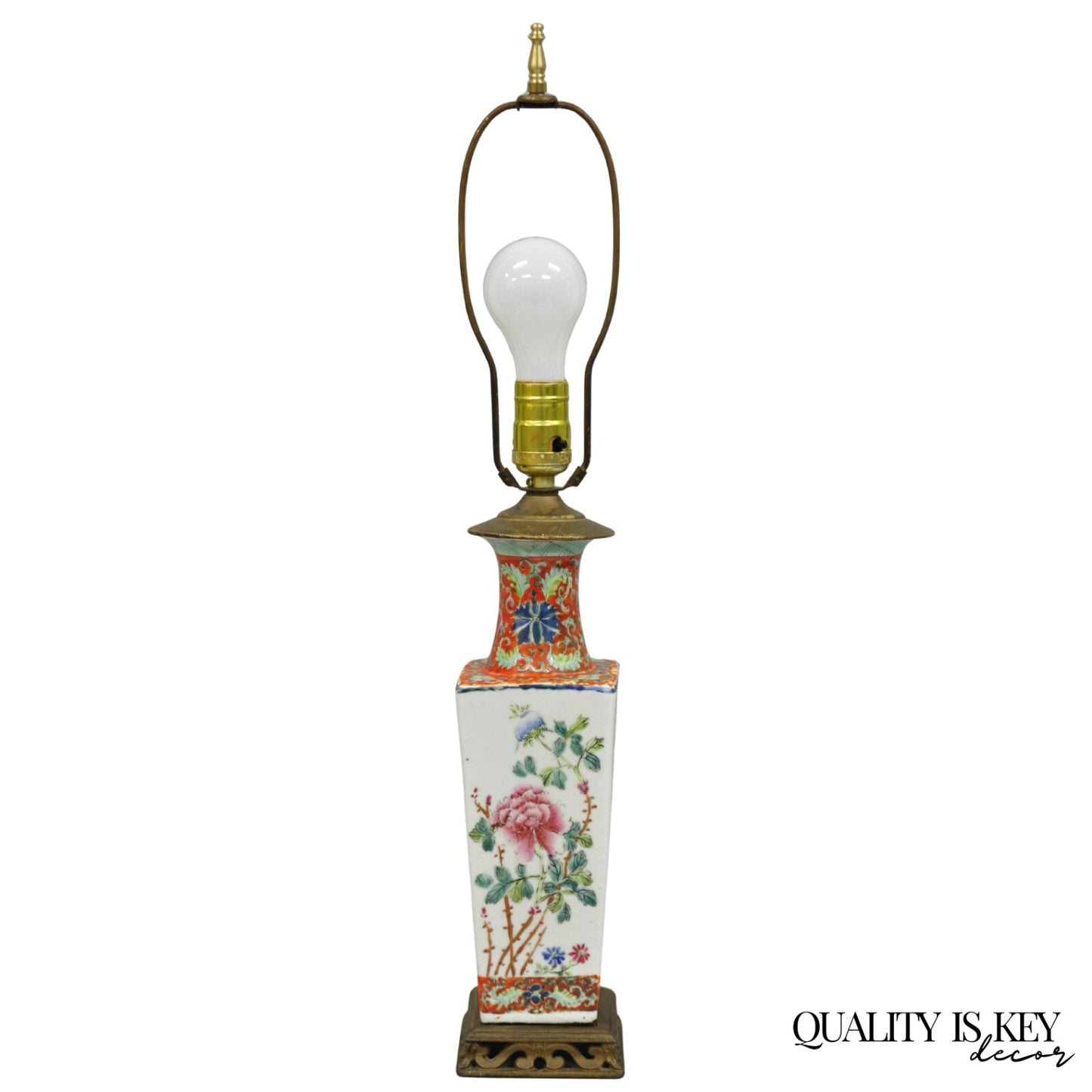 Antique Chinese Porcelain Orange Hand Painted Flower Small Boudoir Table Lamp