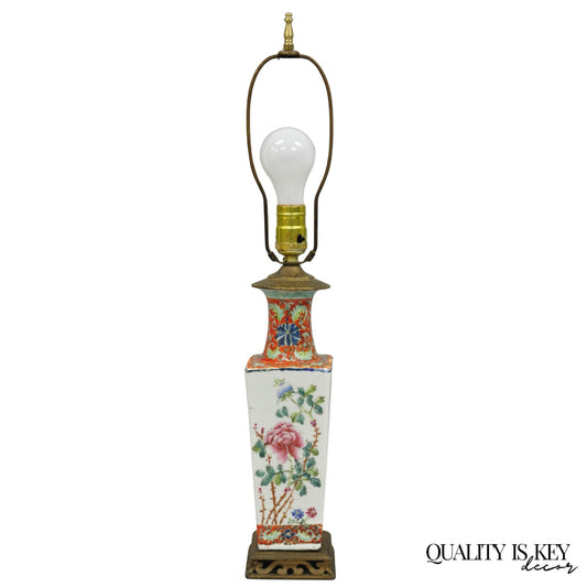 Antique Chinese Porcelain Orange Hand Painted Flower Small Boudoir Table Lamp