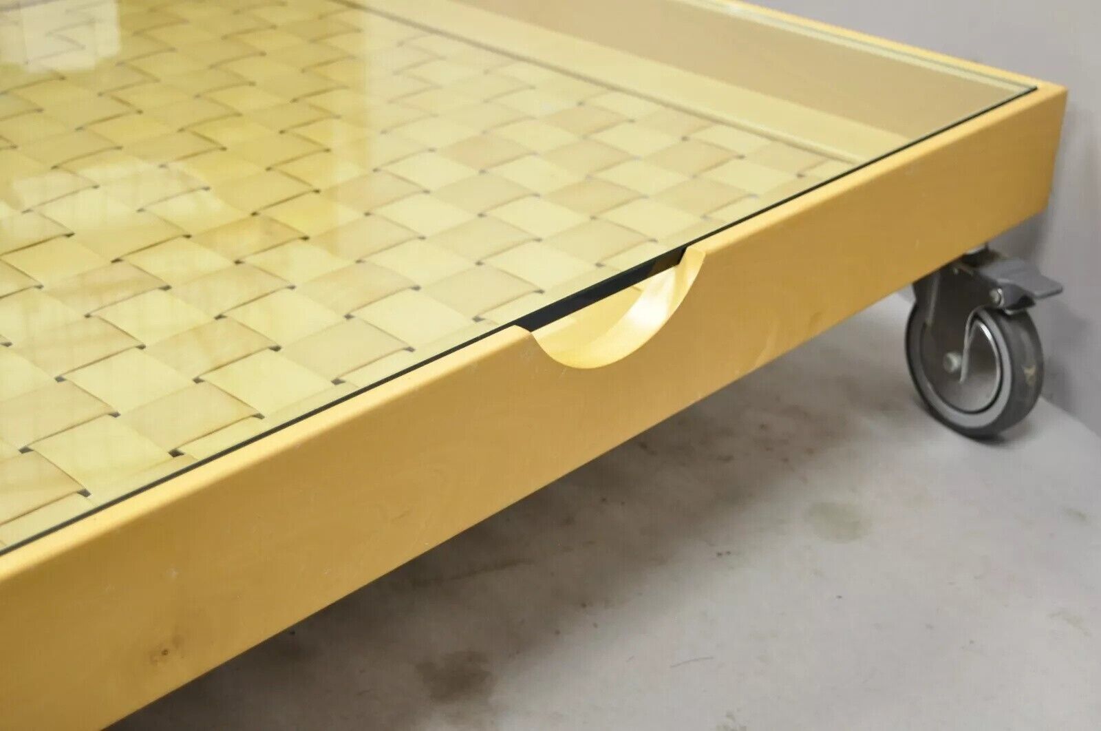 Modern Basketweave Factory Cart Coffee Table on Wheels with Glass Display Top