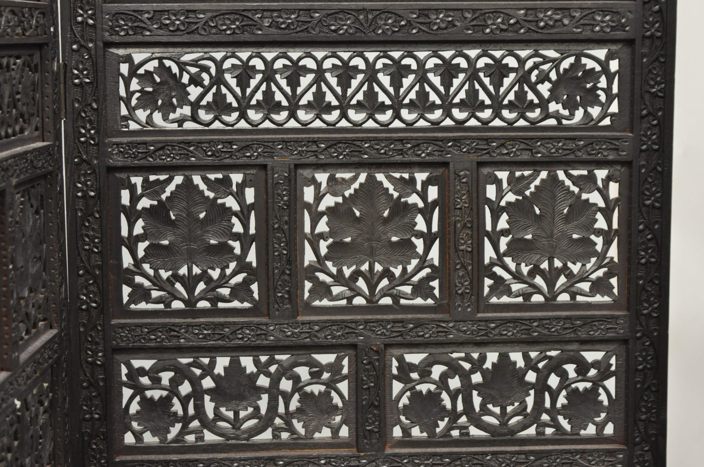 Vintage Anglo Indian Carved Teak Wood 4 Panel Room Divider Folding Screen