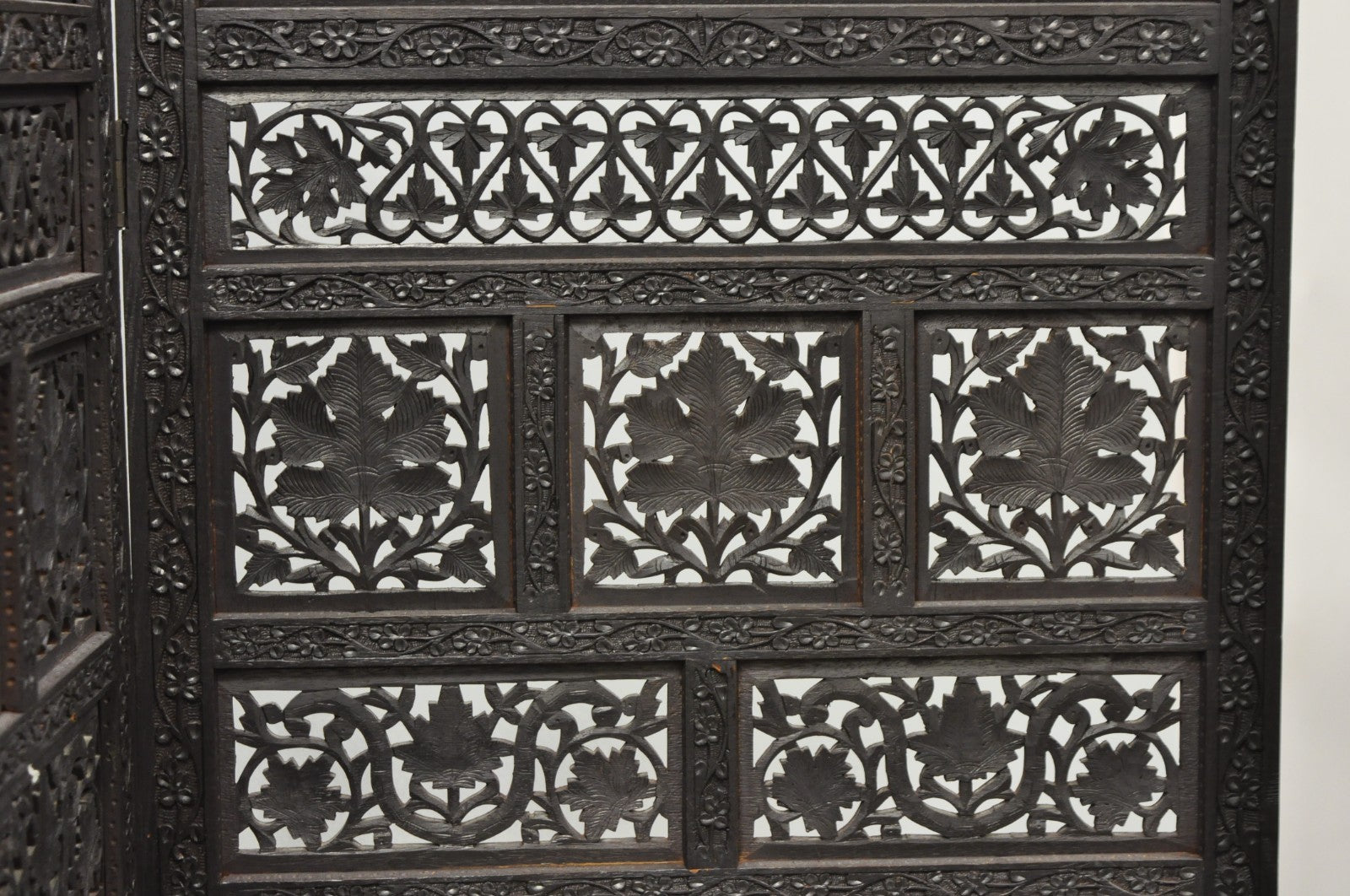 Vintage Anglo Indian Carved Teak Wood 4 Panel Room Divider Folding Screen