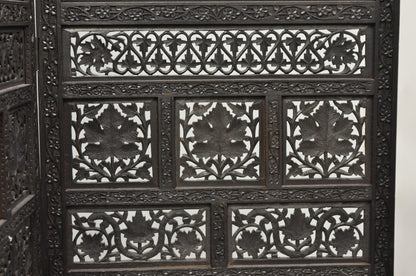 Vintage Anglo Indian Carved Teak Wood 4 Panel Room Divider Folding Screen