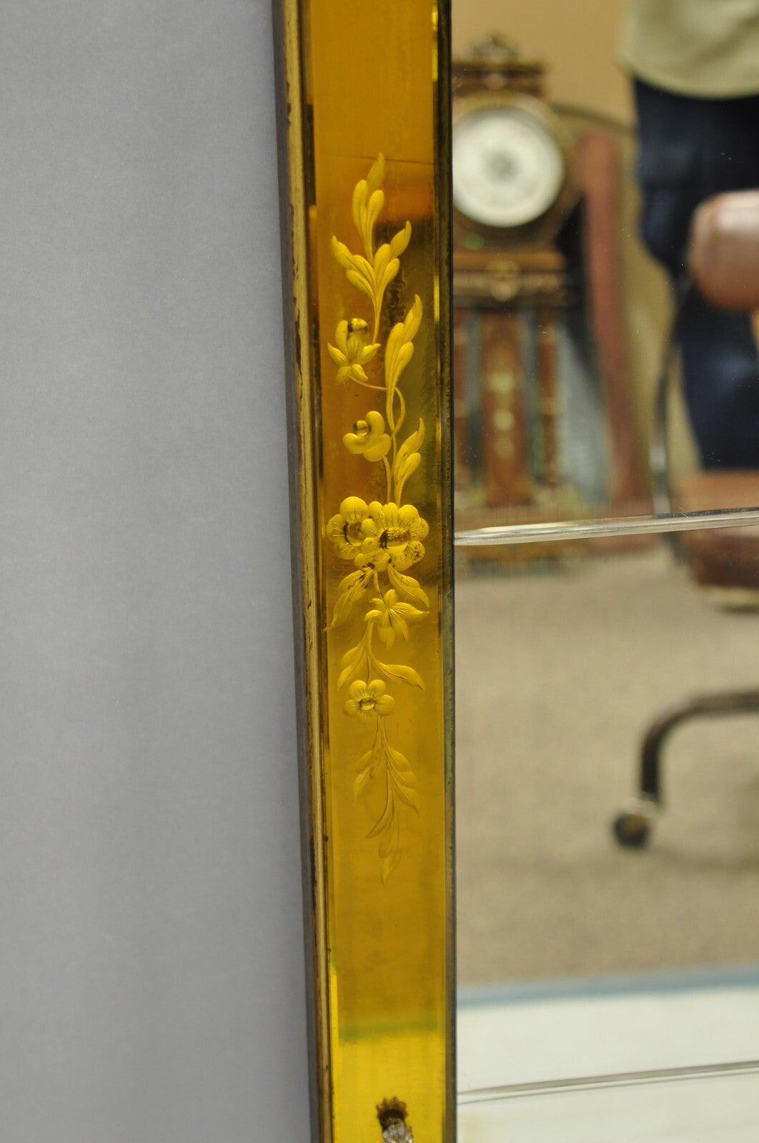 Antique French Art Deco Venetian Amber Glass Large Etched Wall Mirror