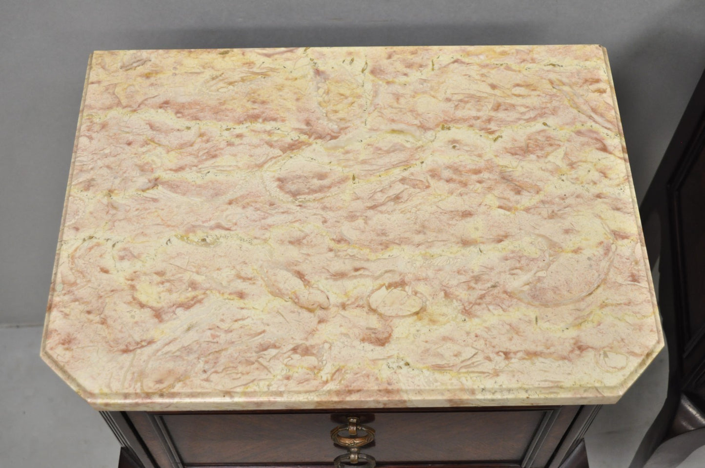 Vintage French Louis XV Style Pink Marble Top Mahogany Nighstand Table - a Pair