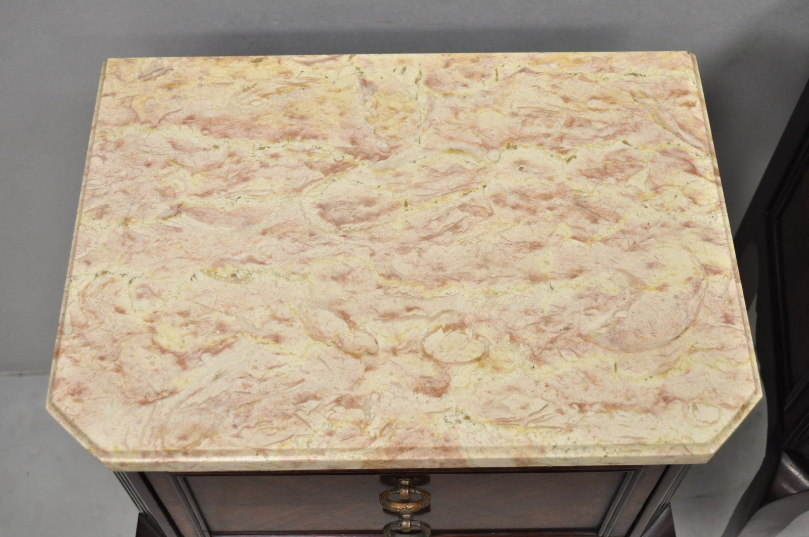 Vintage French Louis XV Style Pink Marble Top Mahogany Nighstand Table - a Pair