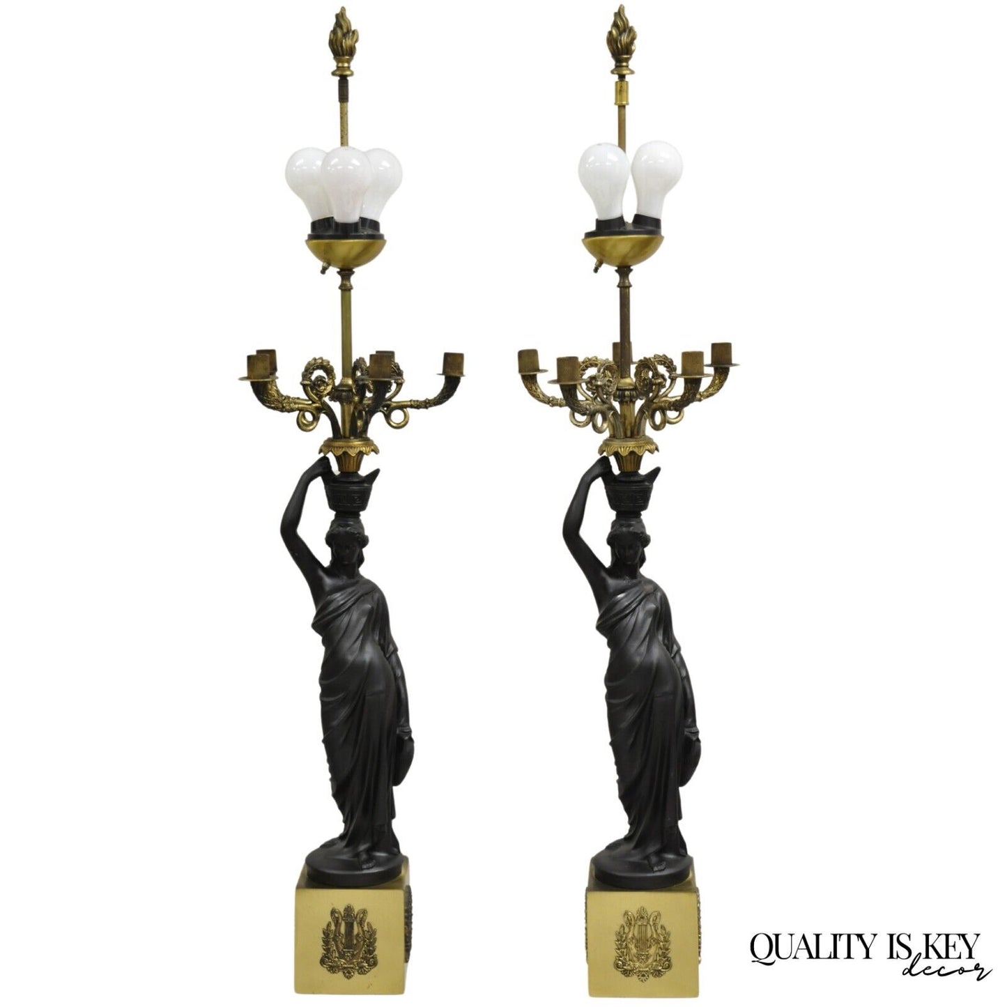 French Empire Neoclassical Style Figural Maiden Candelabra Table Lamps - a Pair