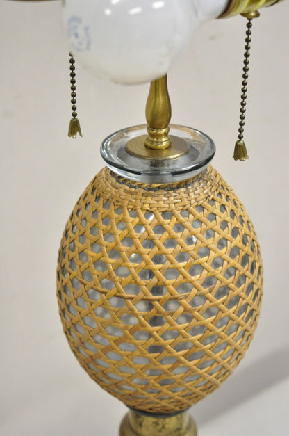 Antique French Victorian Rattan Wrapped Blown Glass Seltzer Bottle Table Lamp