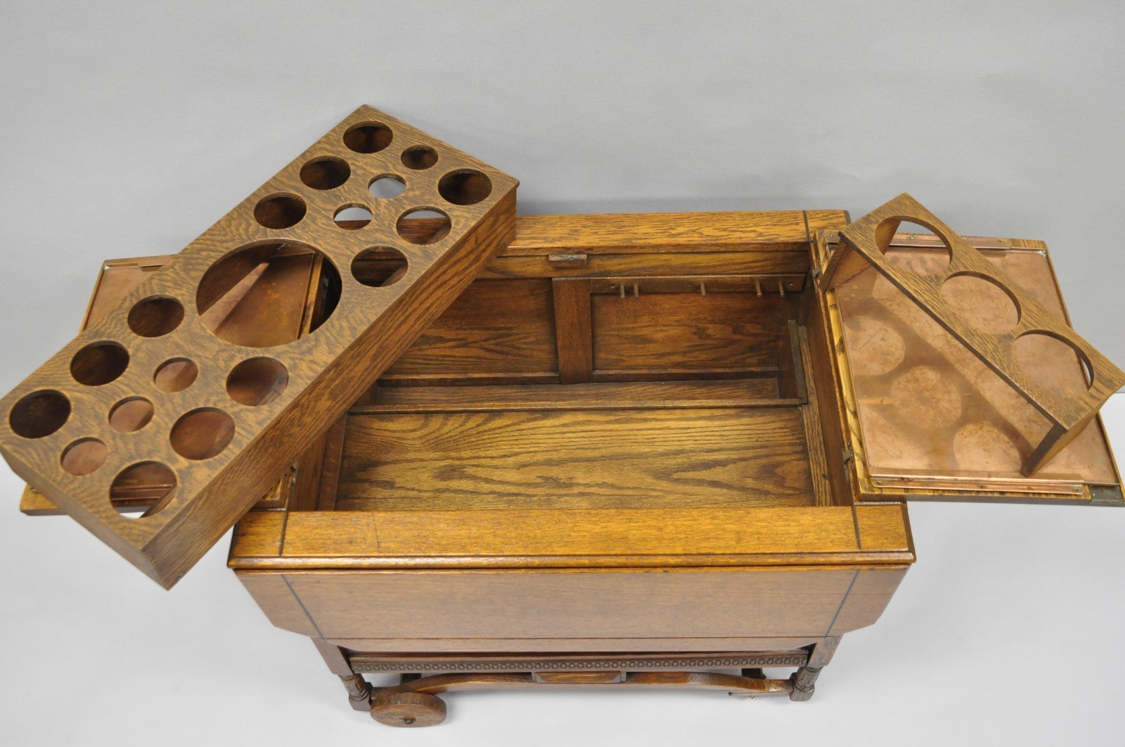 Antique Arts & Crafts Oak Wood Rolling Bar Cart Liquor Cabinet by Lammert's