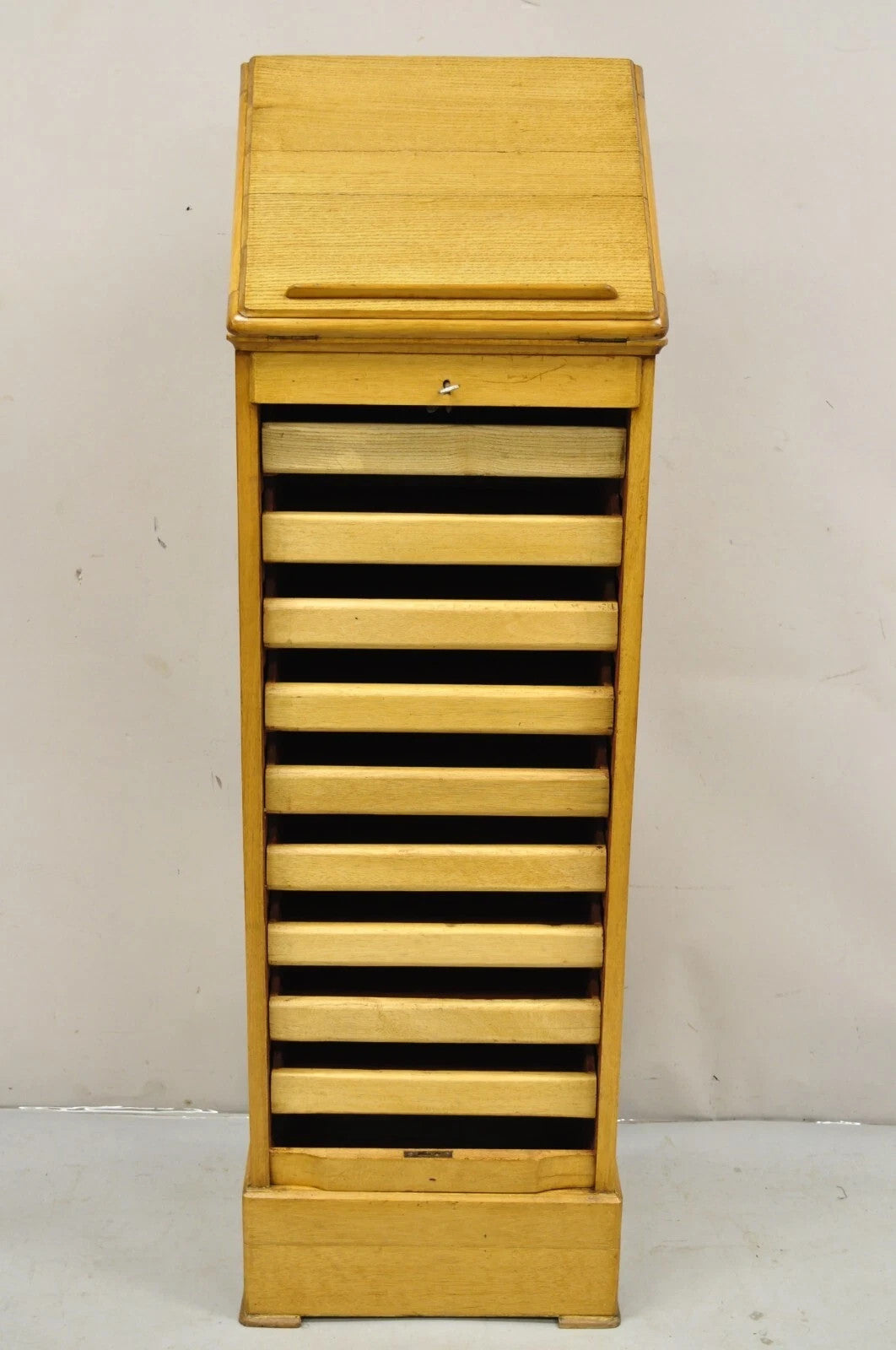 Antique Arts & Crafts Oak & Maple Tambour Shutter Door Lectern Filing Cabinet