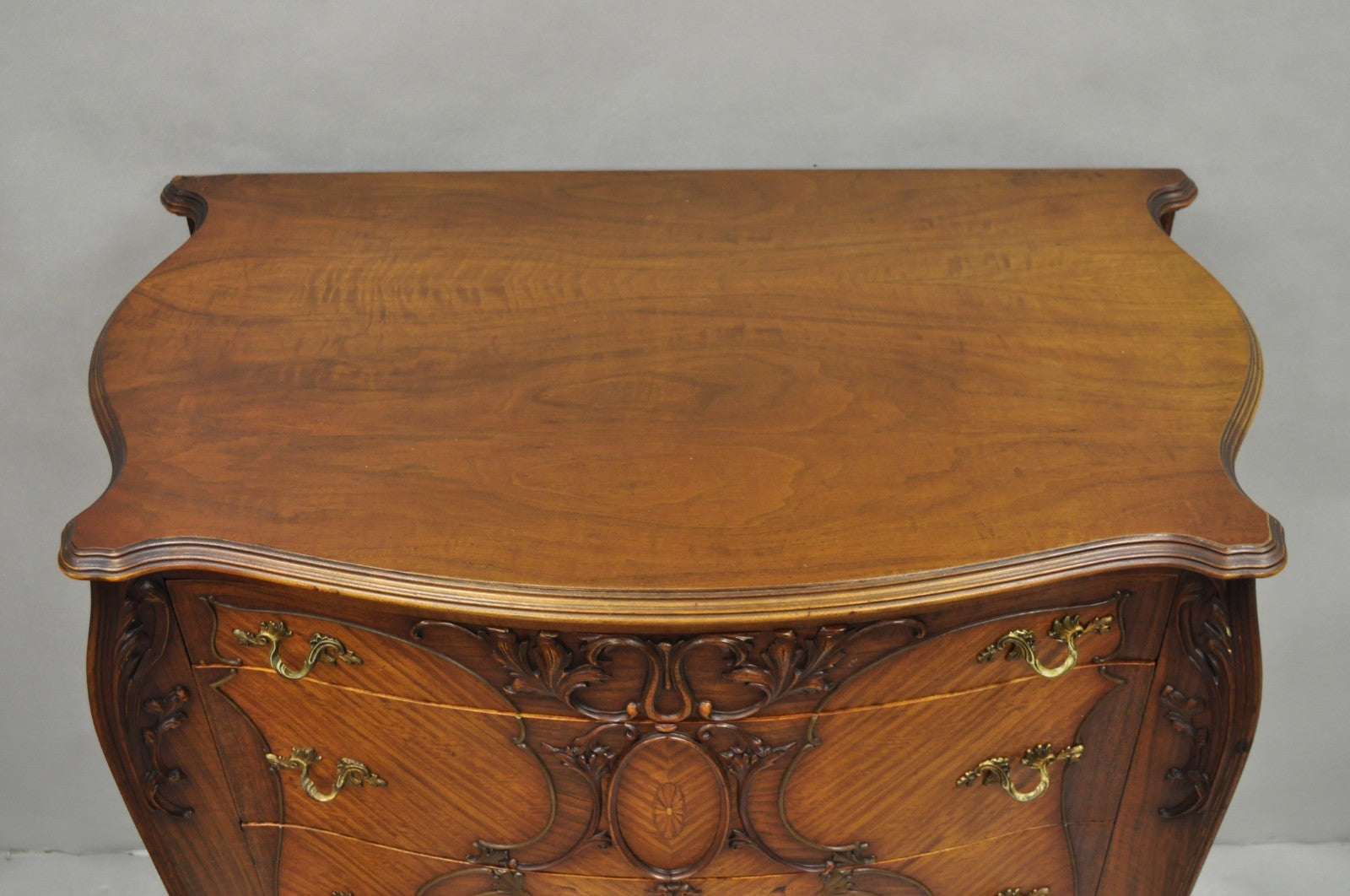 Antique French Louis XV Carved Walnut Satinwood Inlay Highboy Tall Chest Dresser