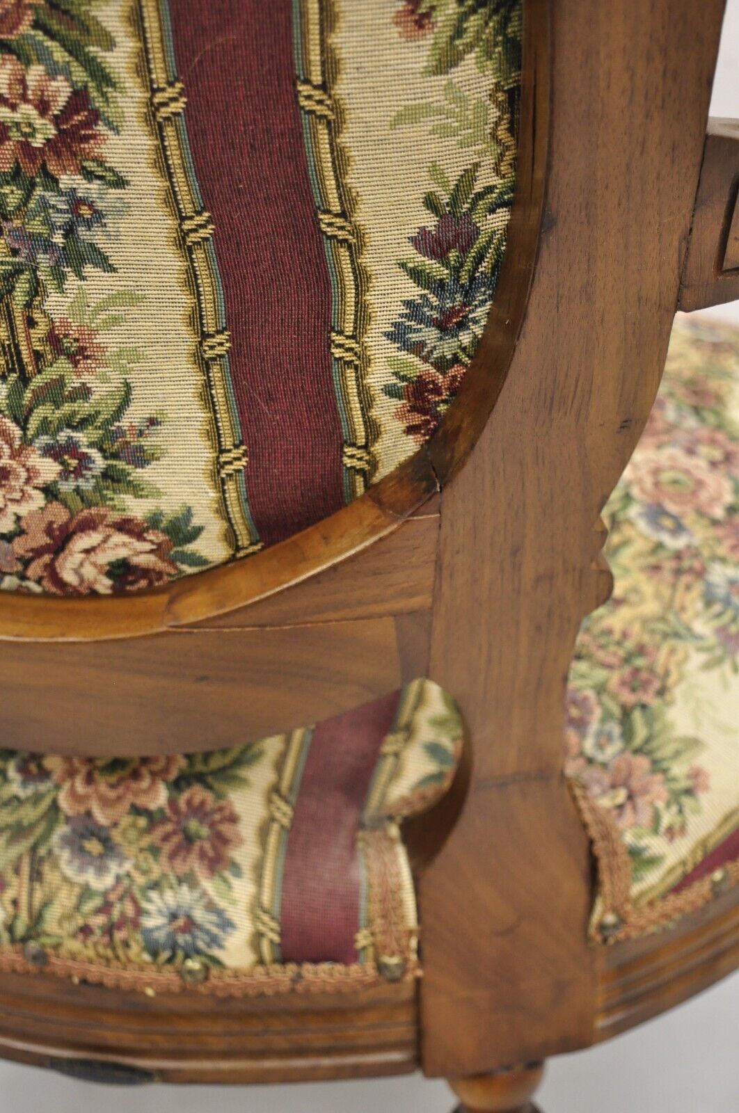 Vintage JB Van Sciver French Louis XV Style Carved Walnut Upholstered Arm Chair