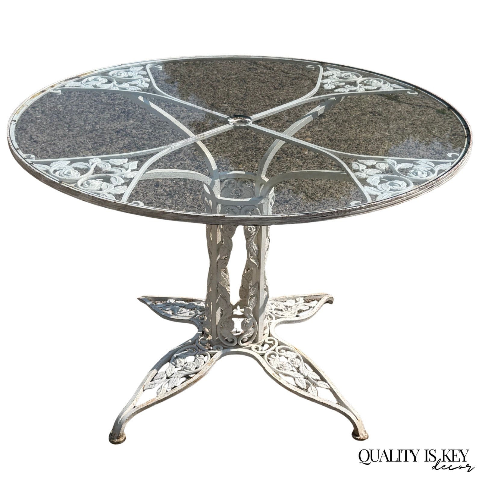 Vintage Russell Woodard Orleans Wrought Iron Pedestal Base Patio Dining Table