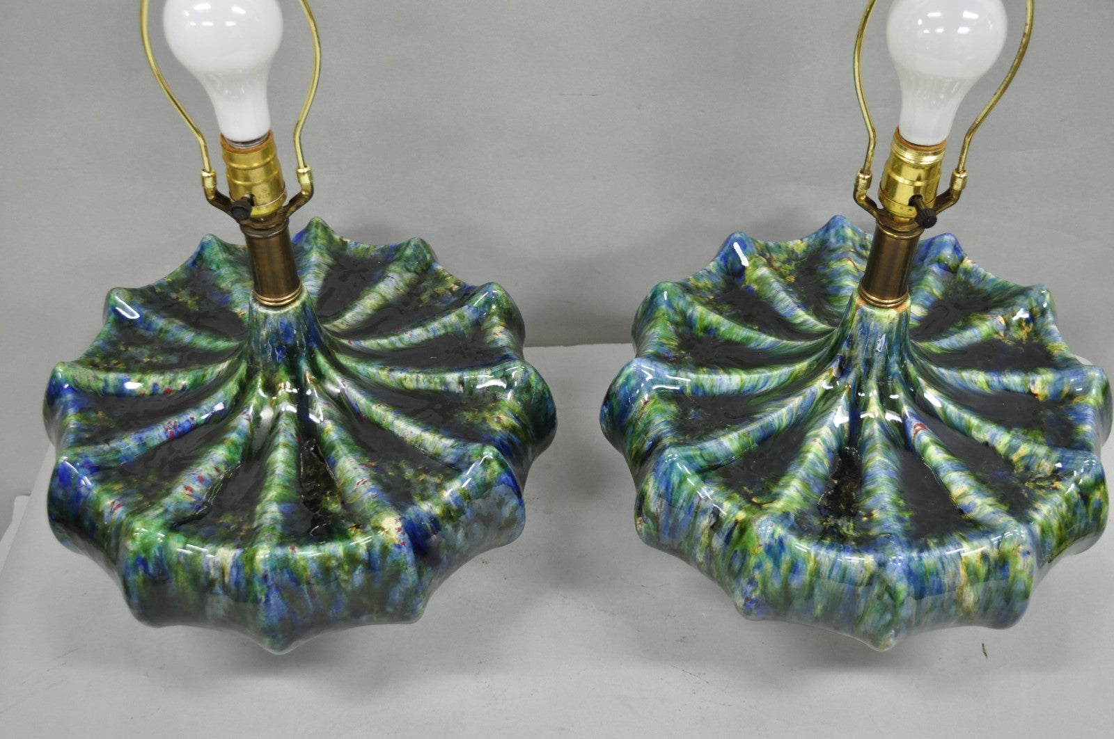 Vintage Mid Century Modern Blue Green Ceramic Table Lamps by Modernera - a Pair