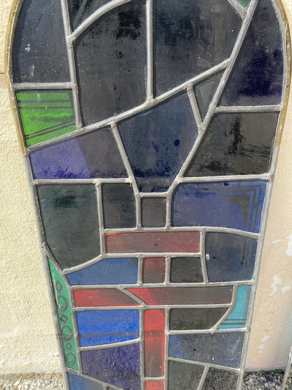Vintage Art Deco Blue & Red Leaded Stained Glass Arched Window w/ Cross - 5 Pcs