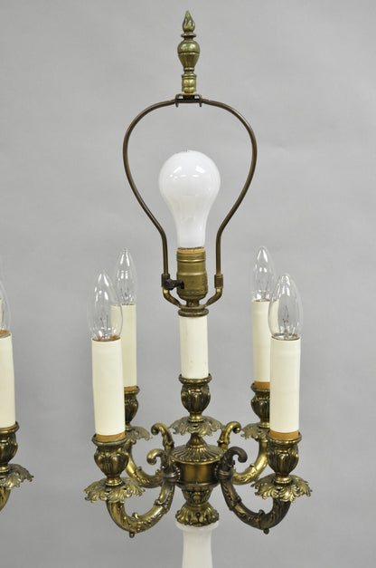 Vintage French Empire Alabaster Column Brass Metal Candelabra Table Lamps - Pair