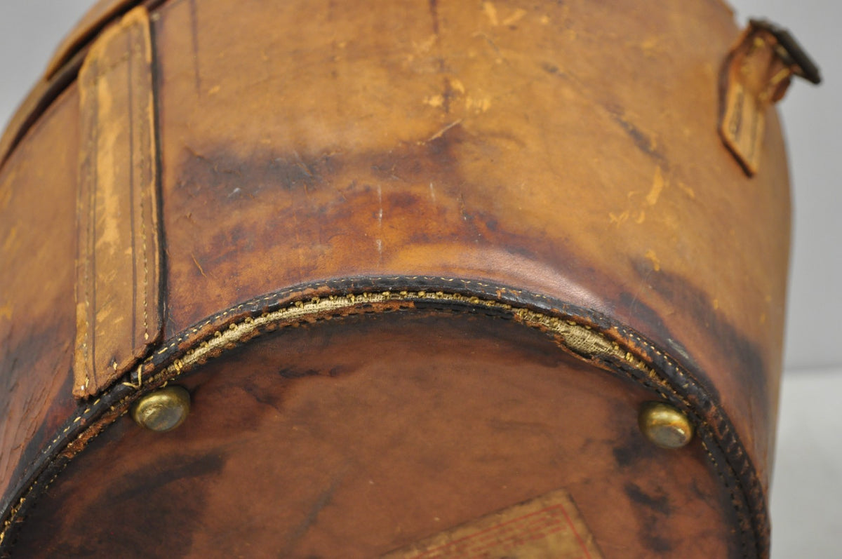 Antique Victorian Brown Leather Travel Case Hat Box w/ Miller of NY Silk Top Hat