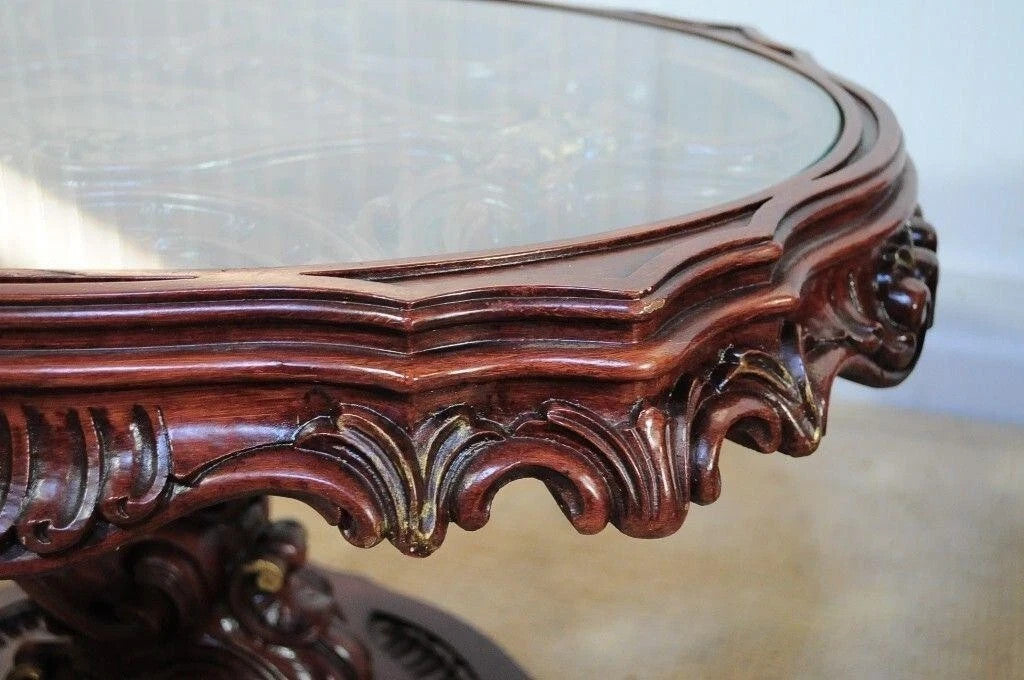 Vintage Mediterranean Style Carved Syroco Glass Top Round Low End Tables - Pair