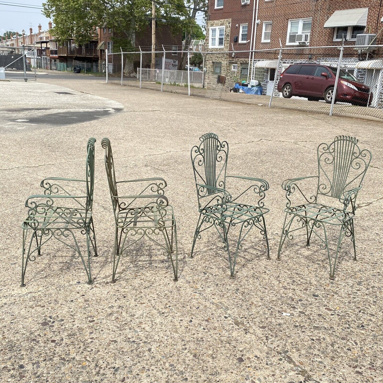 Vintage Neoclassical Style Green Wrought Iron Lyre Harp Garden Chairs - Set of 4